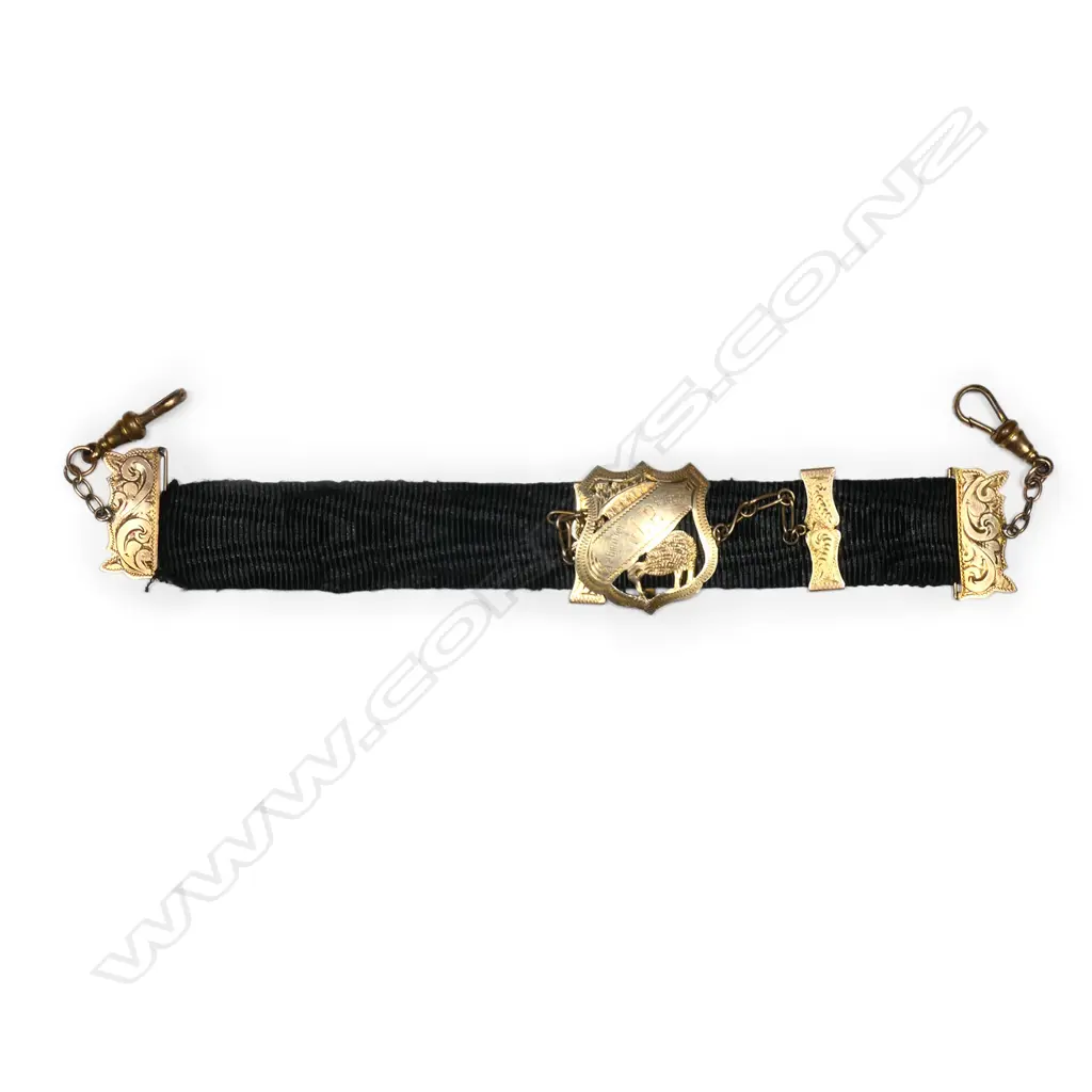 William Paterson (Dunedin) 9ct gold and black ribbon fob, Image 1++